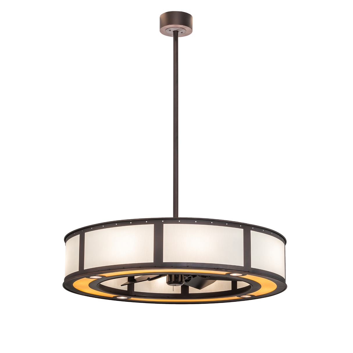 Full view showing extended downrod and elegant suspended design.