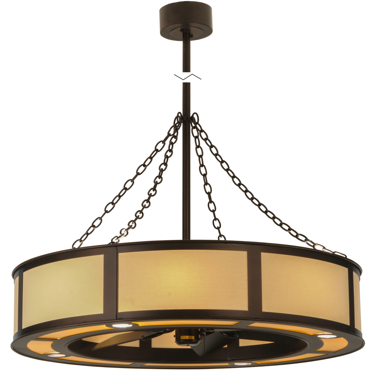 Overall lit view showing Eggshell Textrene shade and chain suspension.