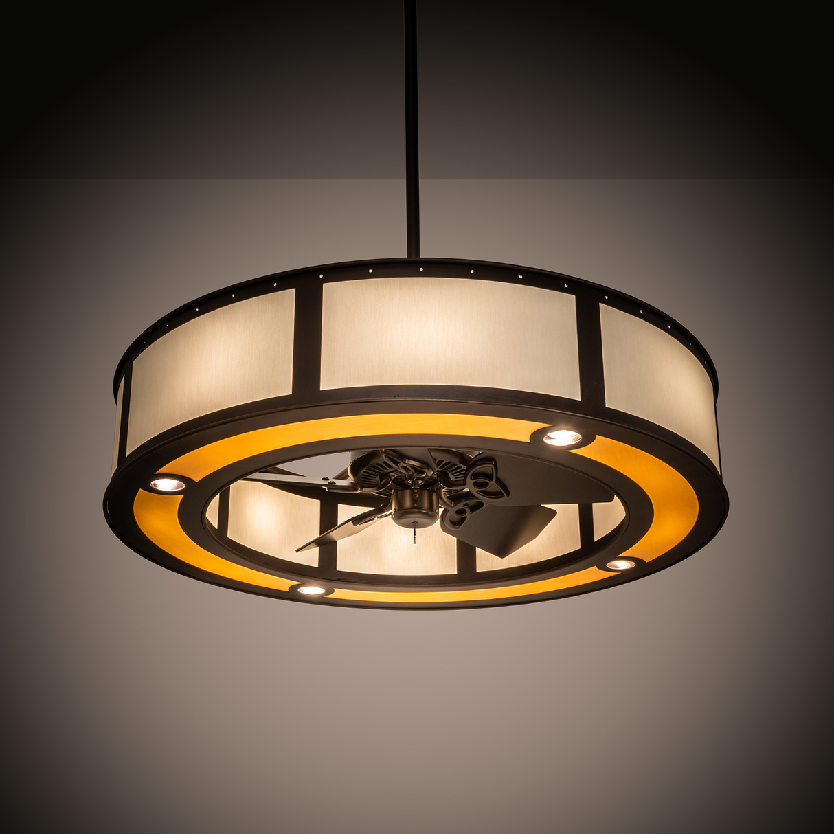Ambient lit view showing Maplewood Chandel-Air warmly illuminating room.