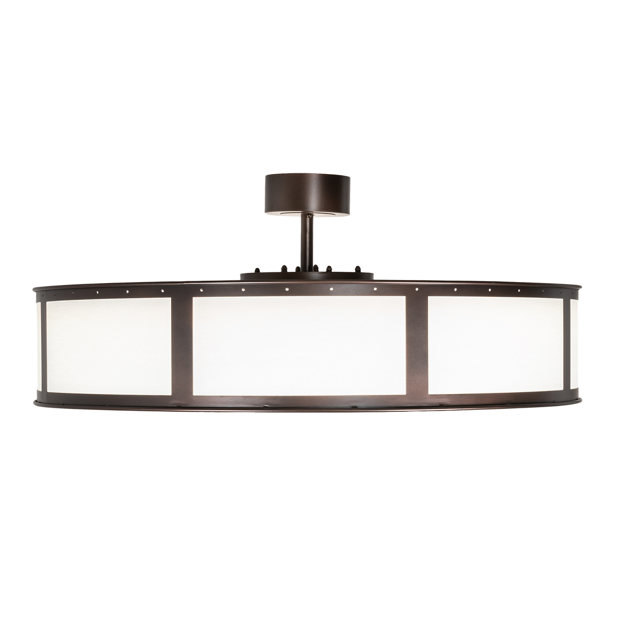 Side profile showing bronze frame and beige Textrene panels.