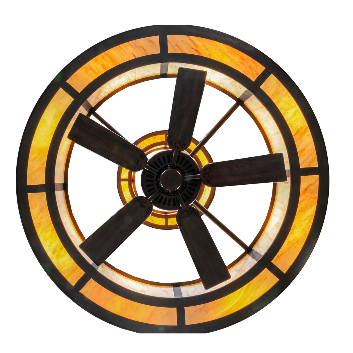 Bottom lit view showing five-blade fan surrounded by glowing diffuser panels.