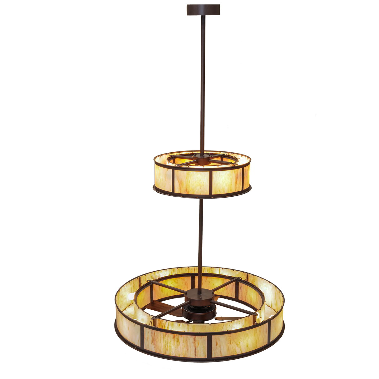 Top angled lit view showing dual Travertine Idalight tiers and warm illumination.