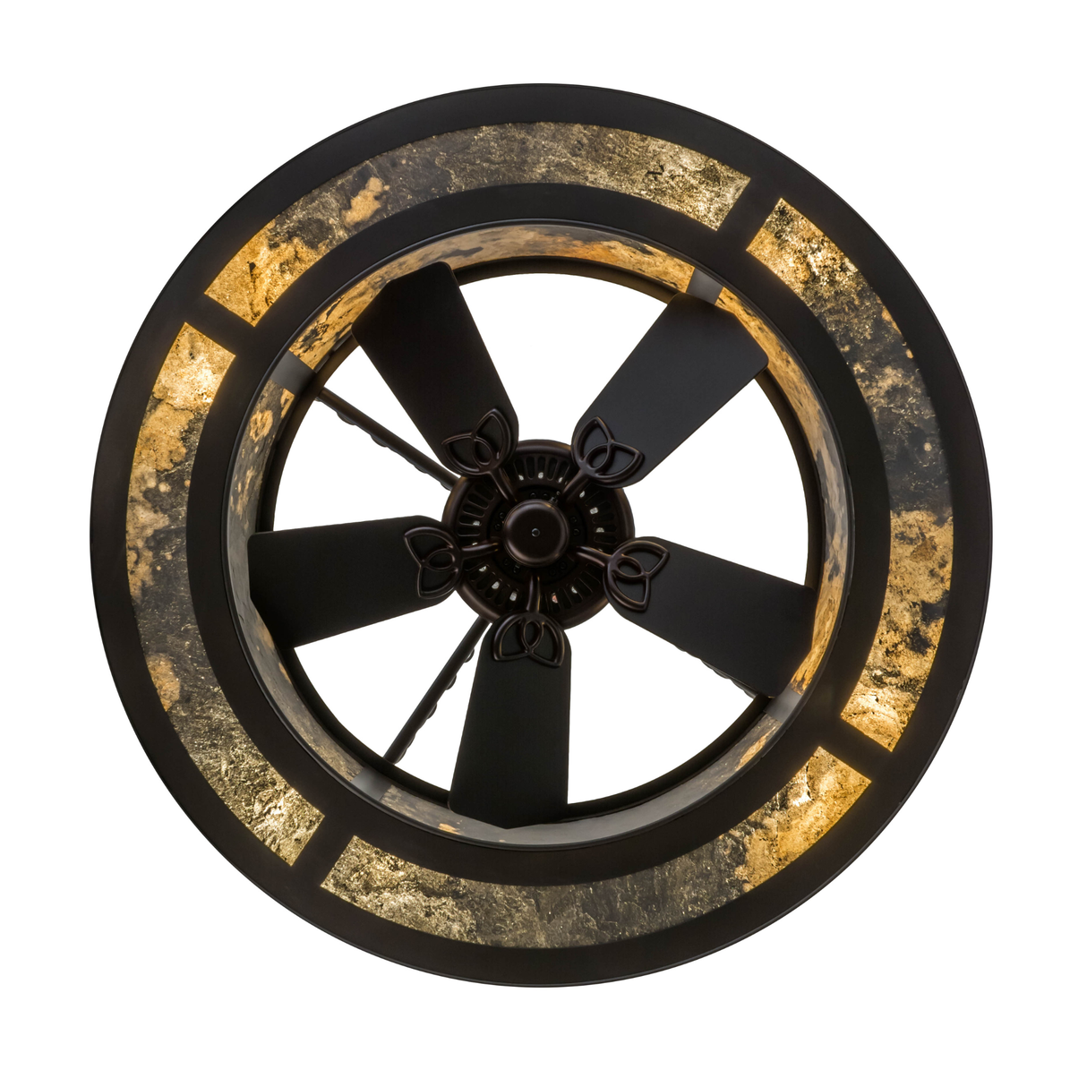 Downward view showing fan blades framed by glowing panels.