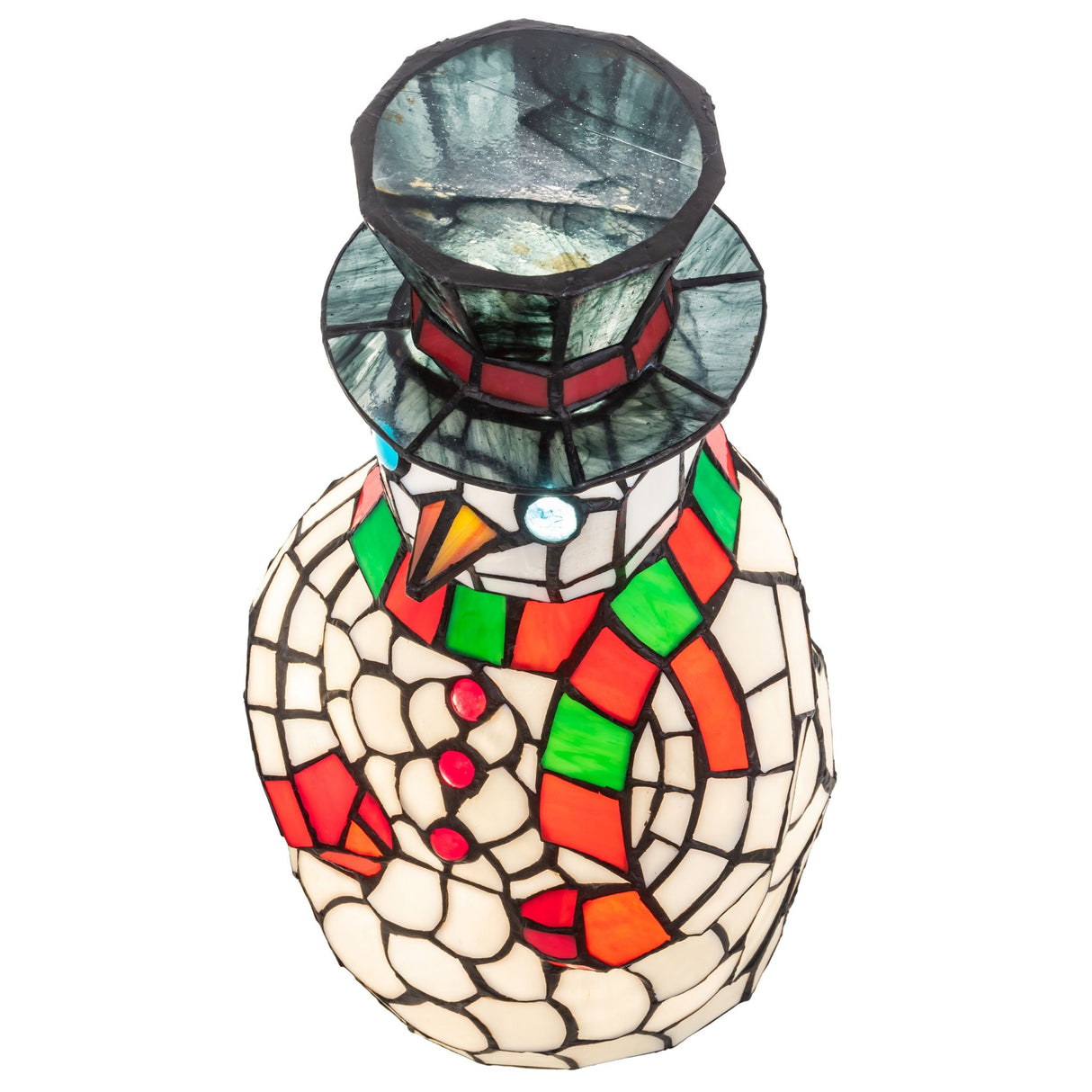 Top view of the Snowman Accent Lamp showing the intricate glasswork on its hat.