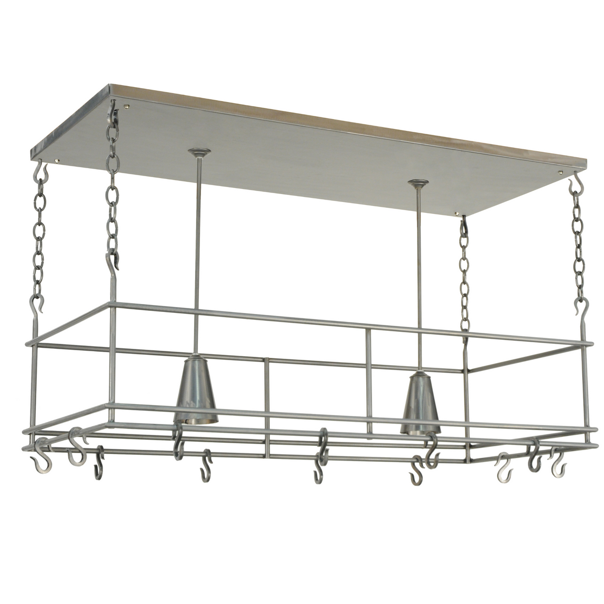Sleek nickel Spartan 2-light pot rack, angled view.