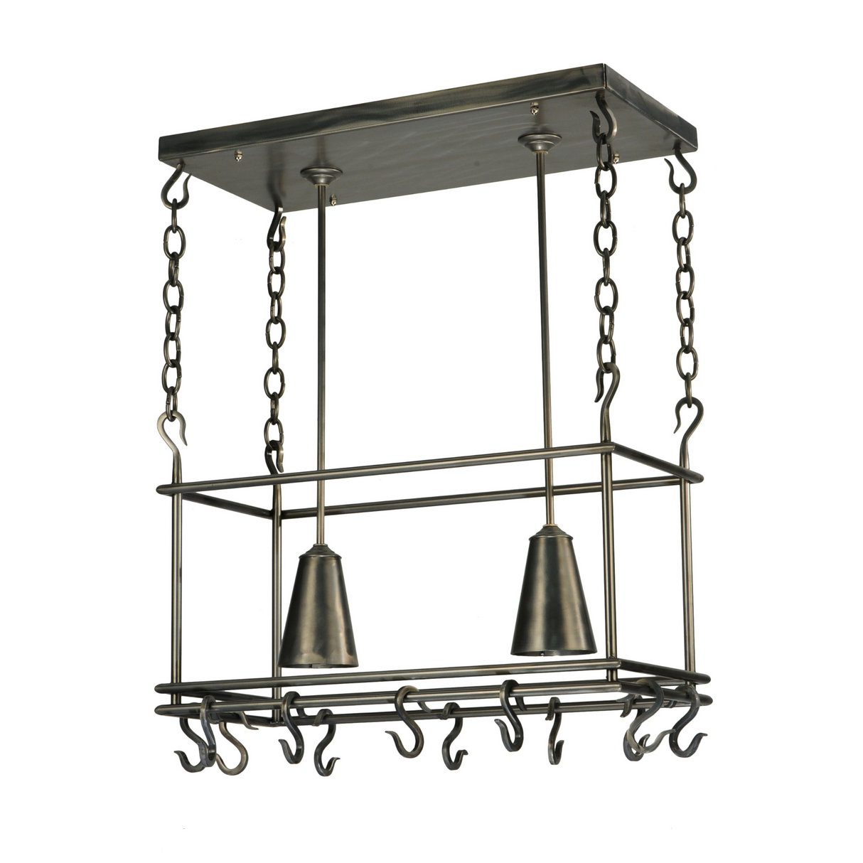 Angled view of industrial-style Spartan 2 Light Pot Rack.