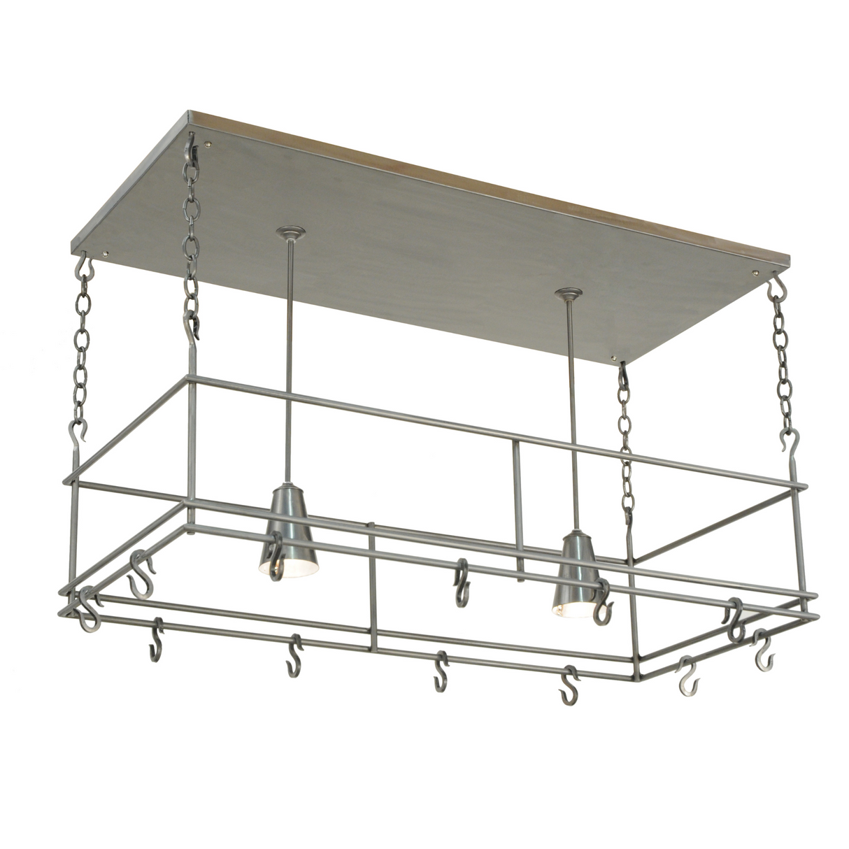 Spartan pot rack chandelier with bright task lighting.