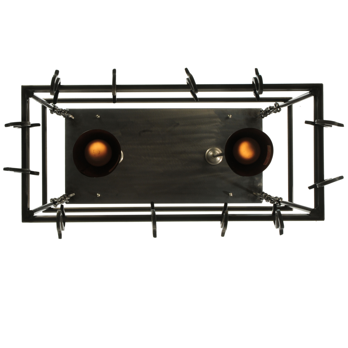 Bottom view of Spartan 2 Light Pot Rack showing dual downlights.