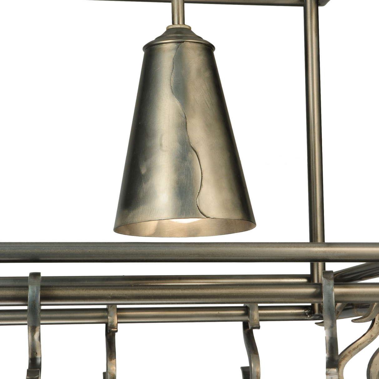 Close-up of conical light shade on Spartan Pot Rack.