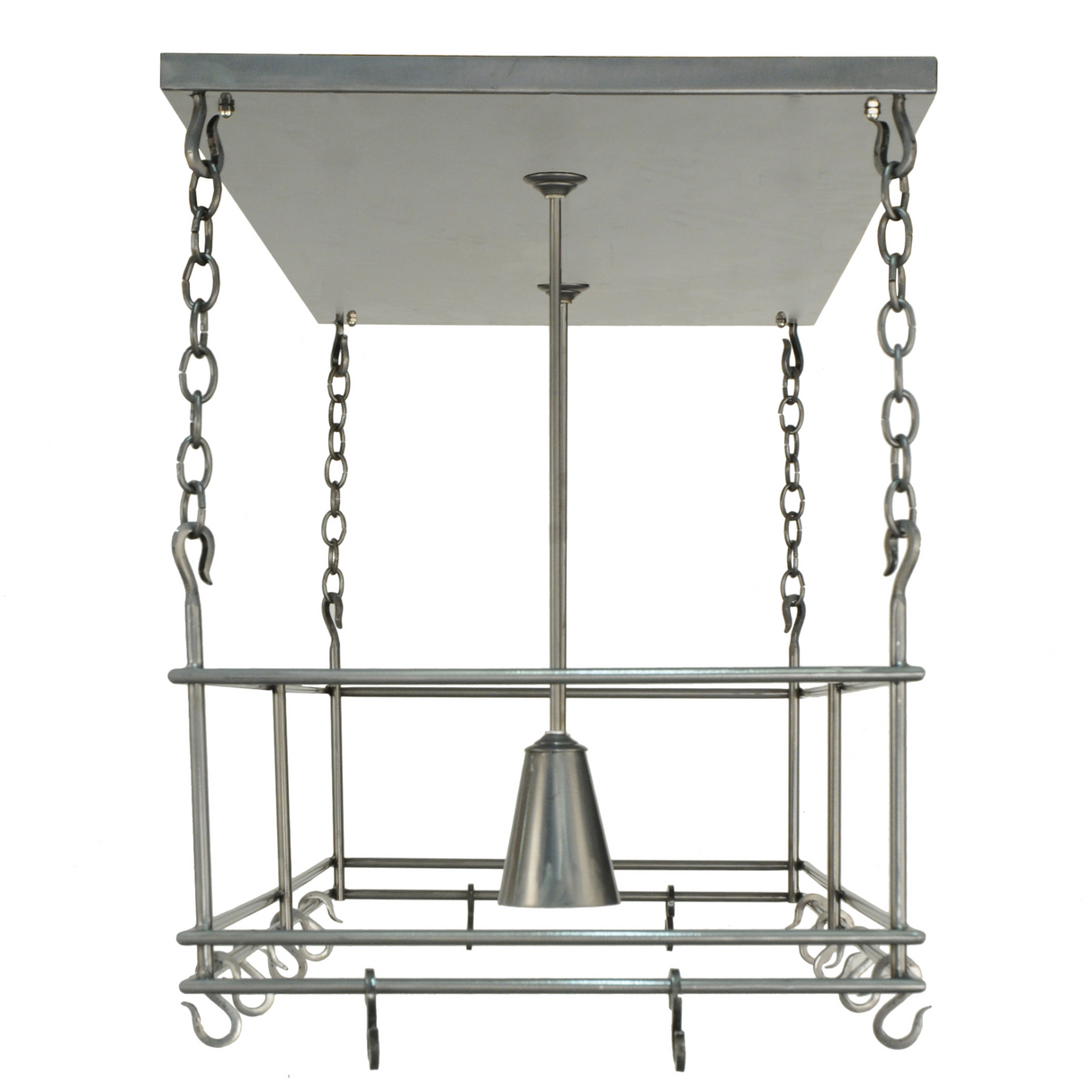 Narrow side perspective of handcrafted Spartan pot rack.