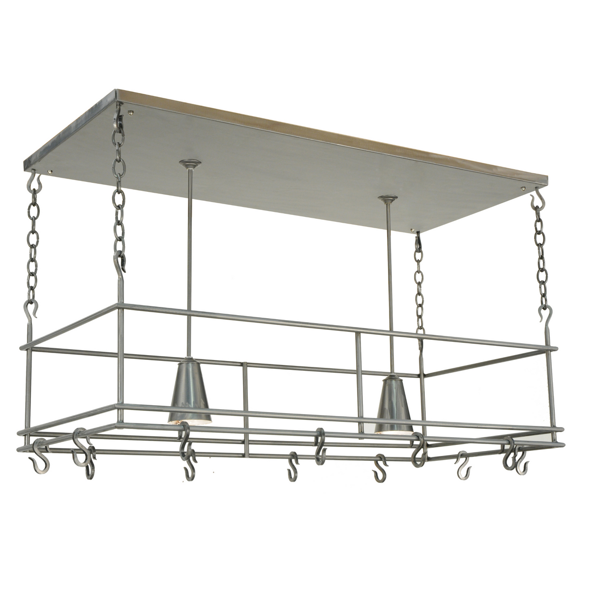 Rear angled view of modern kitchen pot rack light.