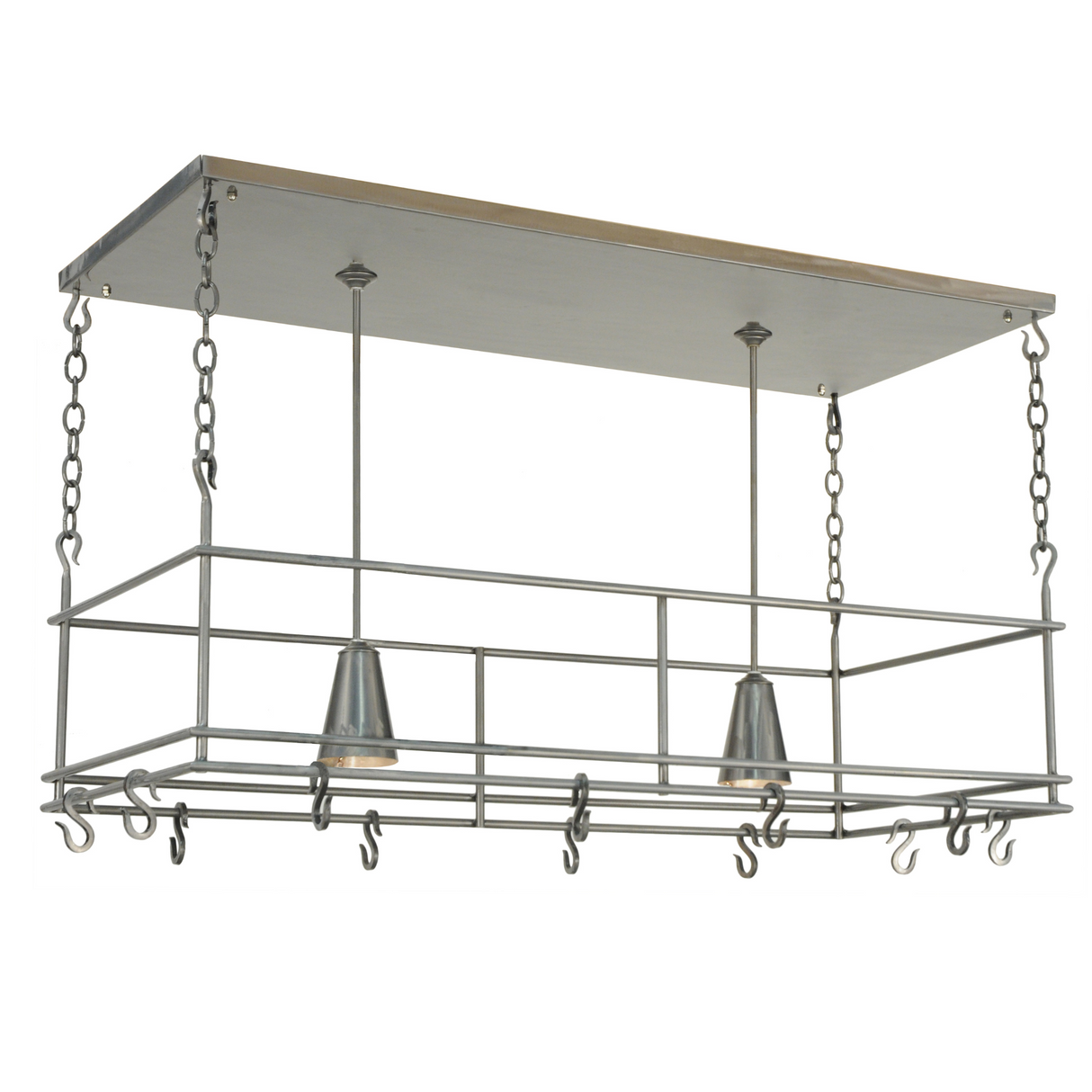 Modern linear pot rack with two spotlights, side view.