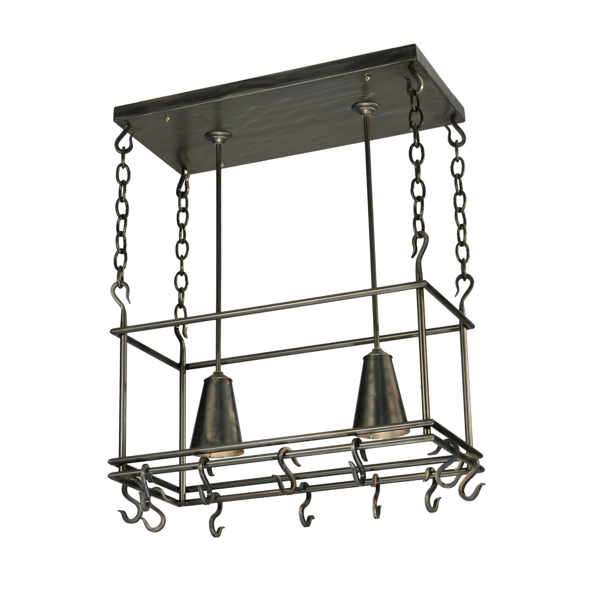 Three-quarter view showing chains and frame of Spartan Pot Rack.