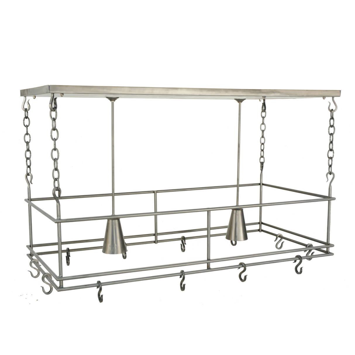 Wide-angle view of nickel-finish 2-light pot rack.
