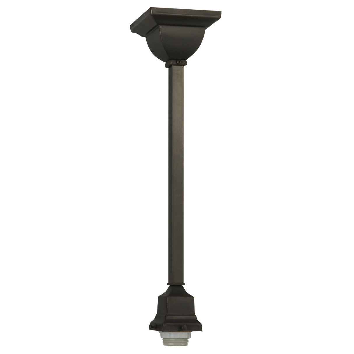 Mission-style square rod pendant hardware in brown finish.