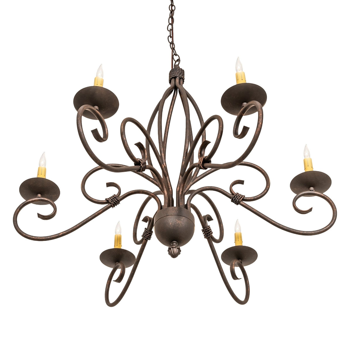 Bottom angle view of Squire six light chandelier.
