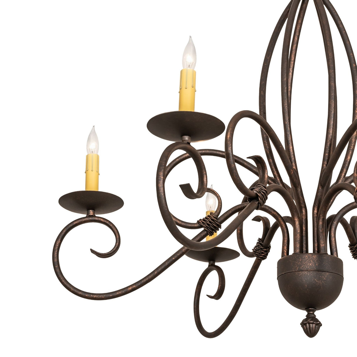 Close-up of hand-forged iron scrollwork detail.