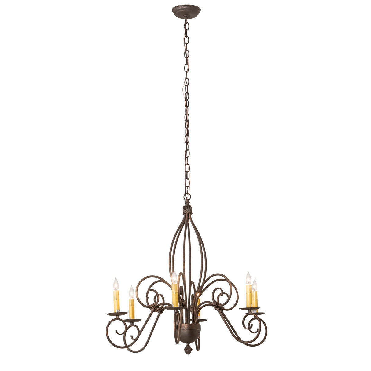 Full hanging view of Squire 6-light chandelier with adjustable chain.