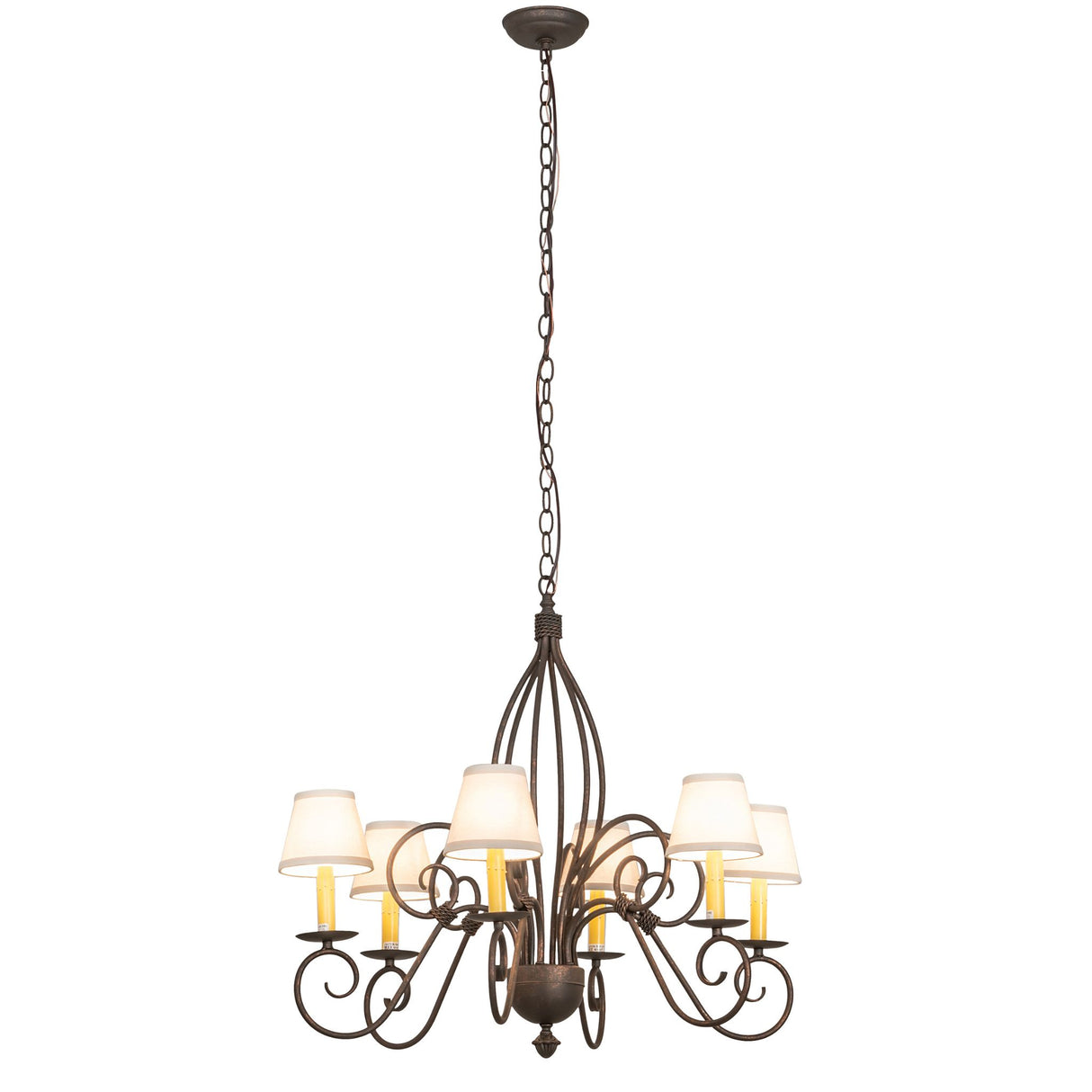 Full hanging view of Squire 6 light chandelier with long adjustable chain.