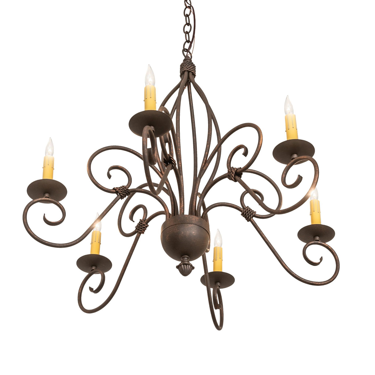 Lower angle view of chandelier showing scrolled iron arms and candle-style lights.