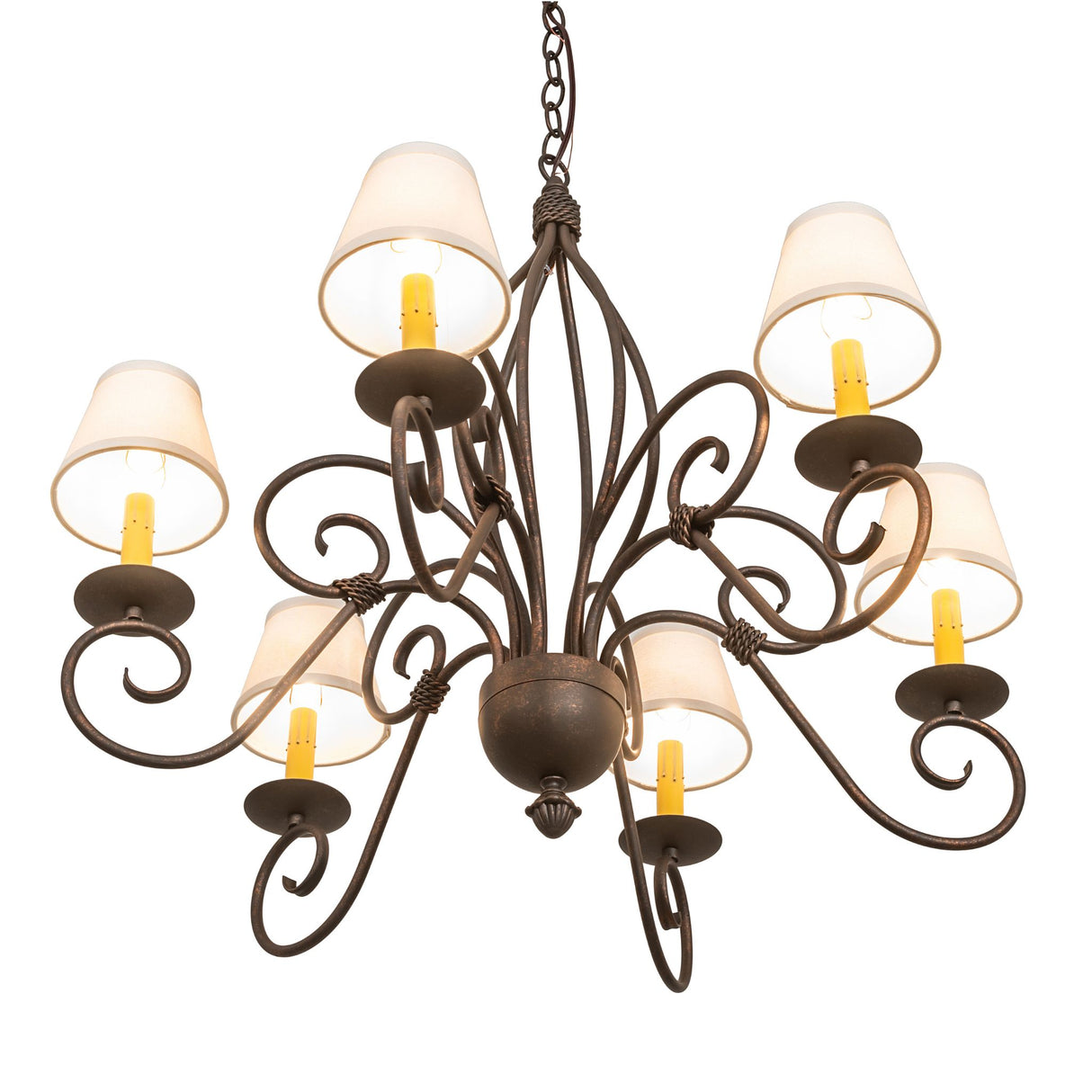 Lower angle view of Squire 6-light chandelier with curled arms and shades.