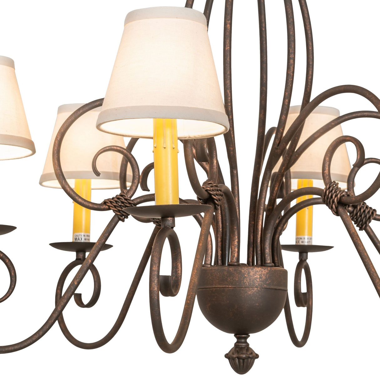 Closeup of Squire chandelier shade and faux candlelight detail.