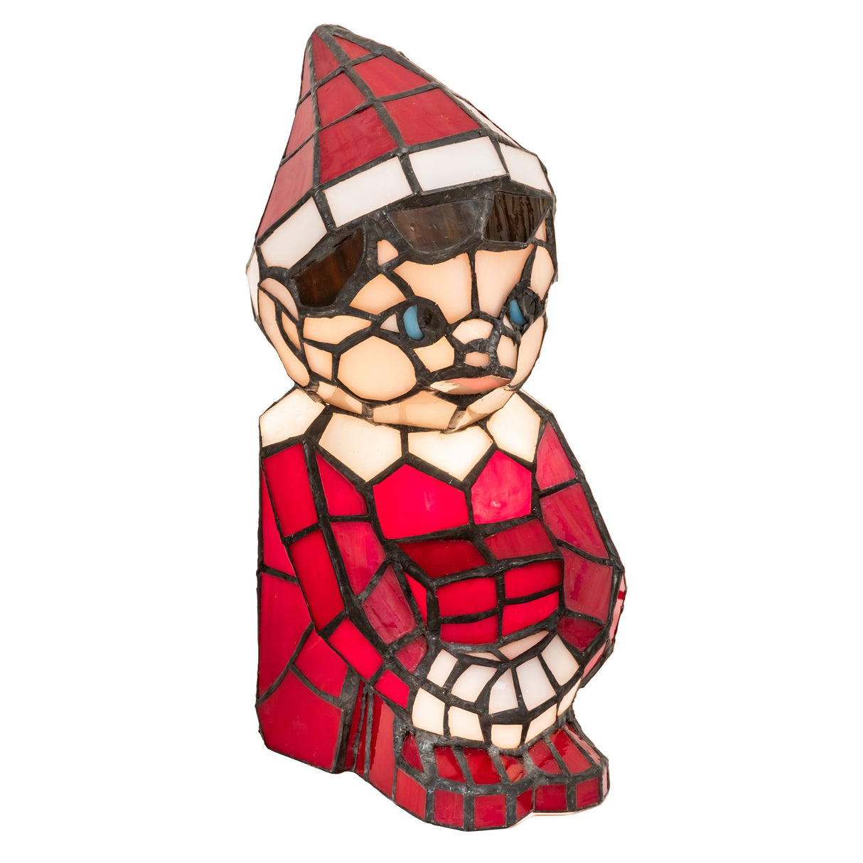 Stained glass elf accent lamp in red and white.