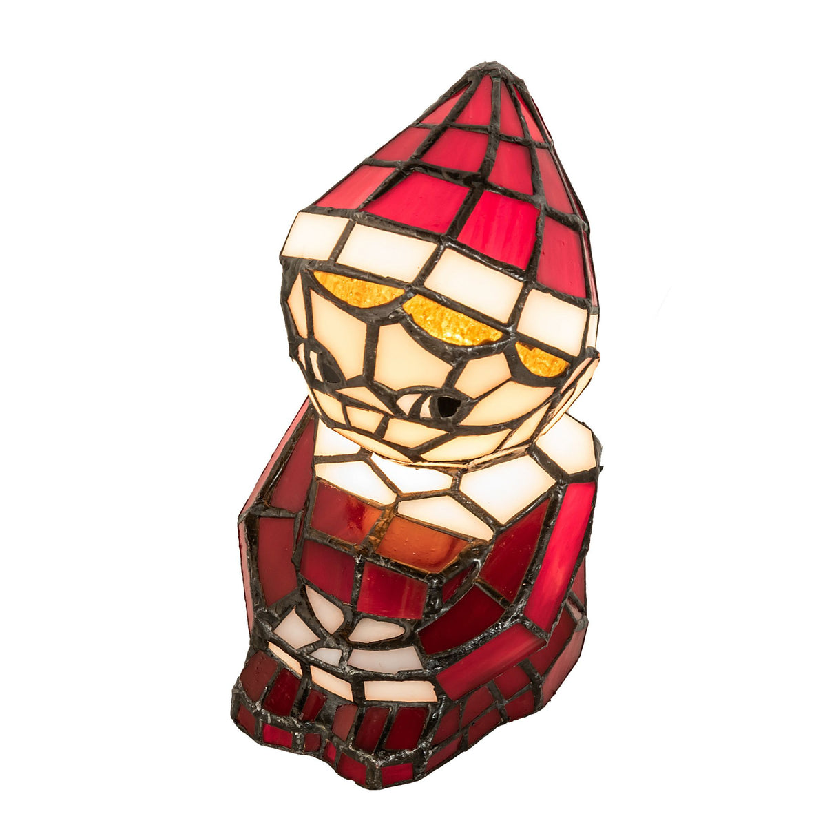 Stained glass elf accent lamp in red and white tones with a pointed hat.