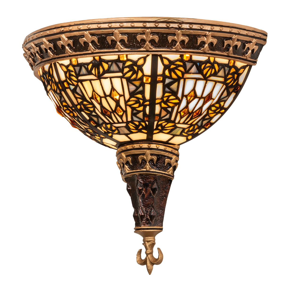Stained glass Fleur-de-lis wall sconce with golden accents.