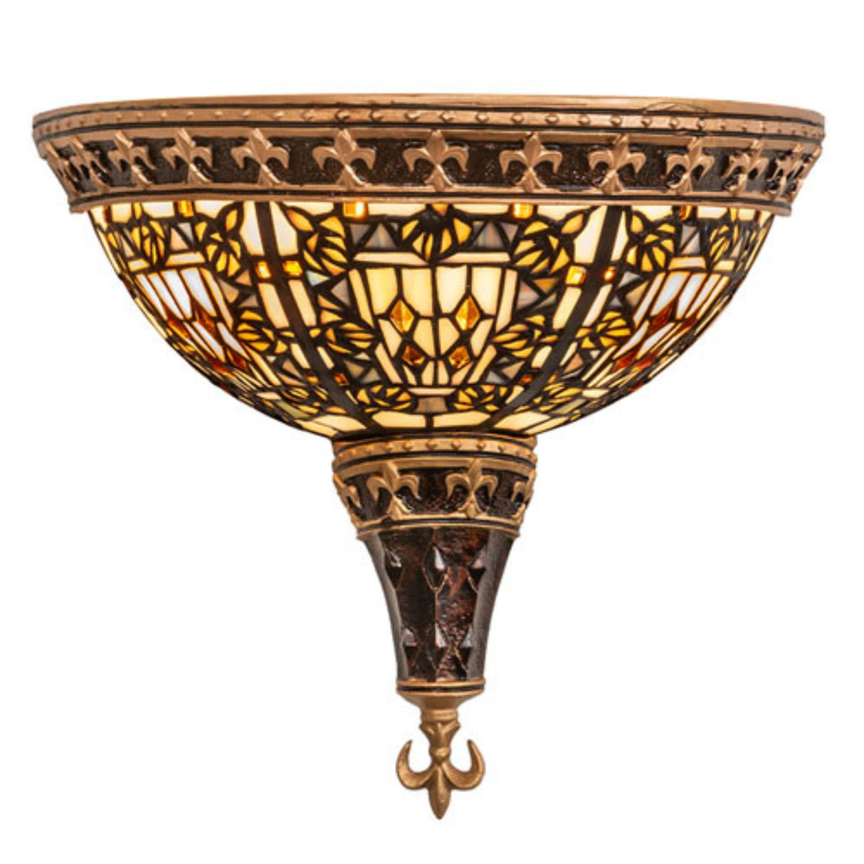 Stained glass wall sconce with intricate details and gold finish.