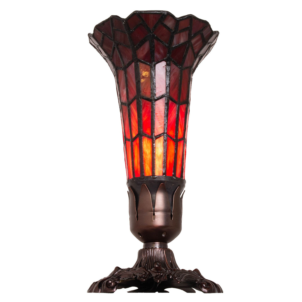 Close-up of a red stained glass pond lily lamp with intricate bronze detailing.