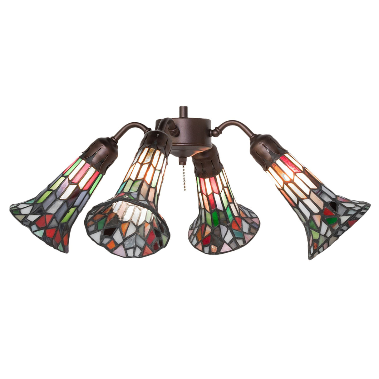 Front view of the 4 Light Fan Light with Tiffany-style glass shades and a mahogany bronze finish.
