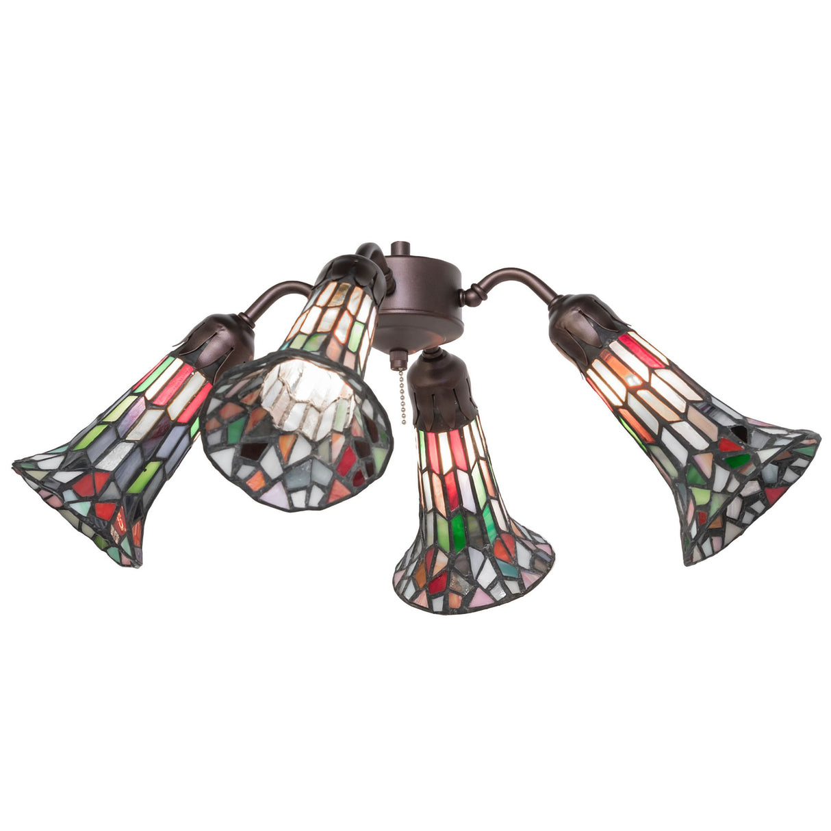 Angled perspective showing the metal arms and colorful glass shades from a different viewpoint.