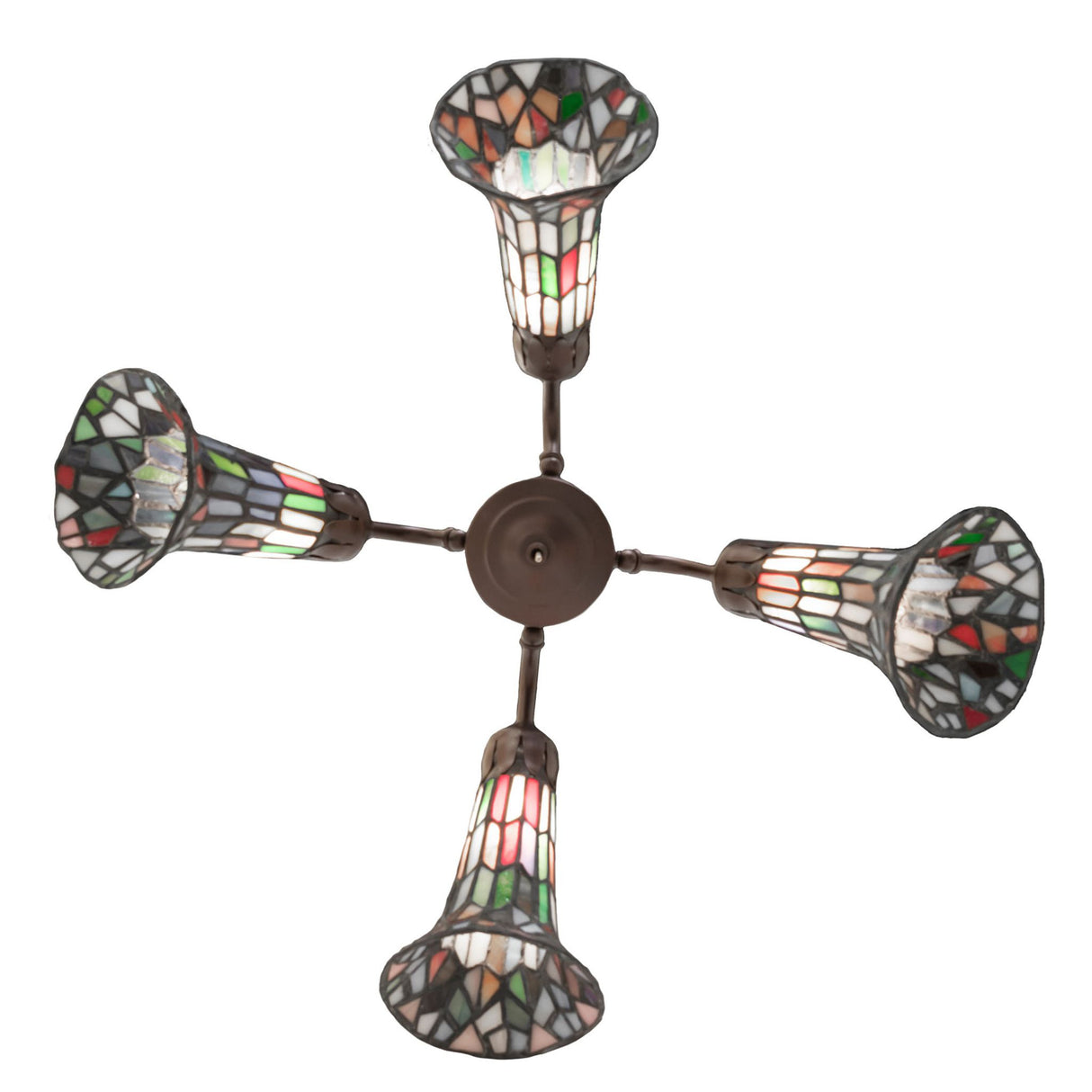 Bottom-up perspective showing all four lights illuminated with vibrant stained glass colors.