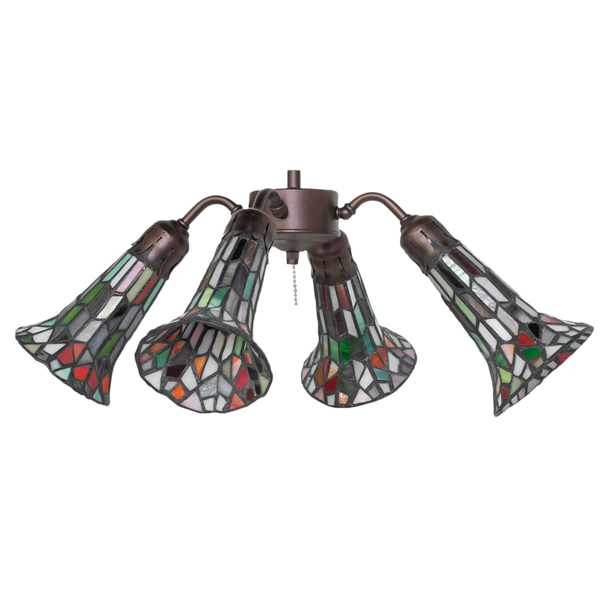 Unlit view of the stained glass shades displaying intricate floral patterns and vibrant colors.
