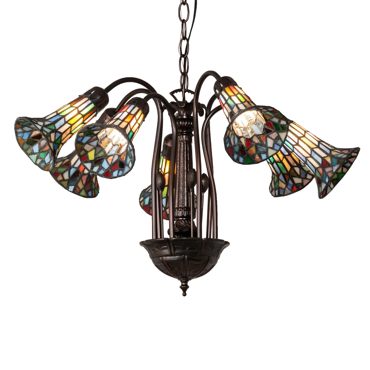 Colorful stained glass Pond Lily chandelier, 26-inch wide with 7 lights.