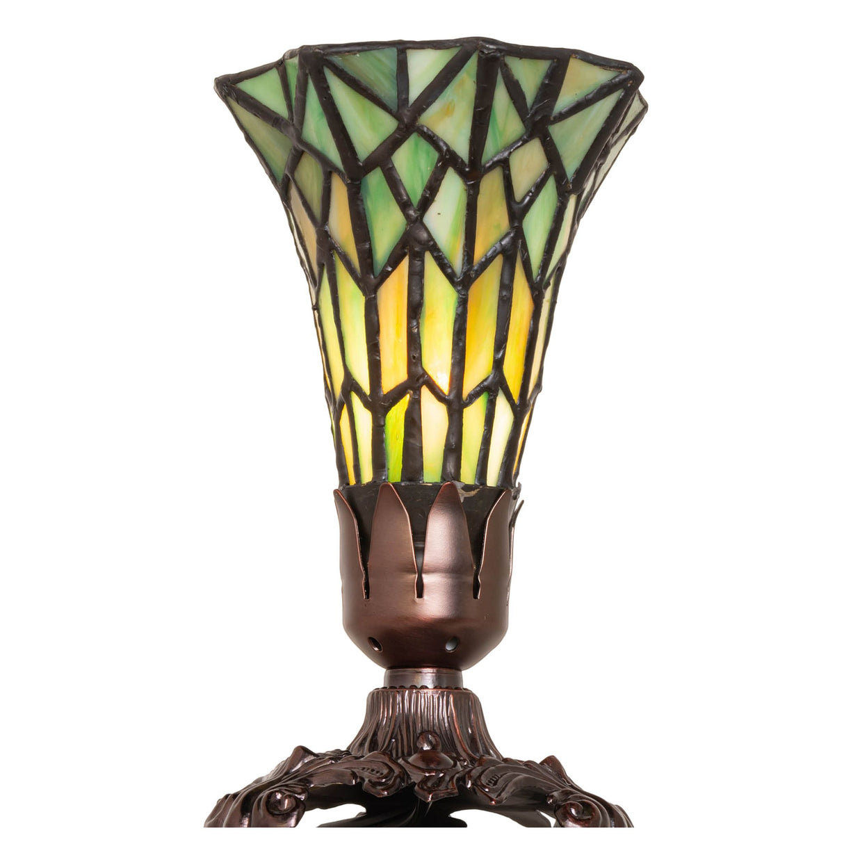 Angled view of the 8-inch pond lily accent lamp showing the mahogany bronze base.