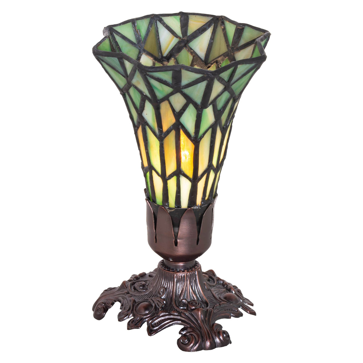 Front view of the 8-inch stained glass pond lily accent lamp with a Victorian design.