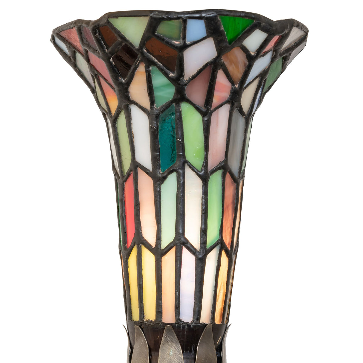 Closeup of handcrafted multicolor stained glass shade.