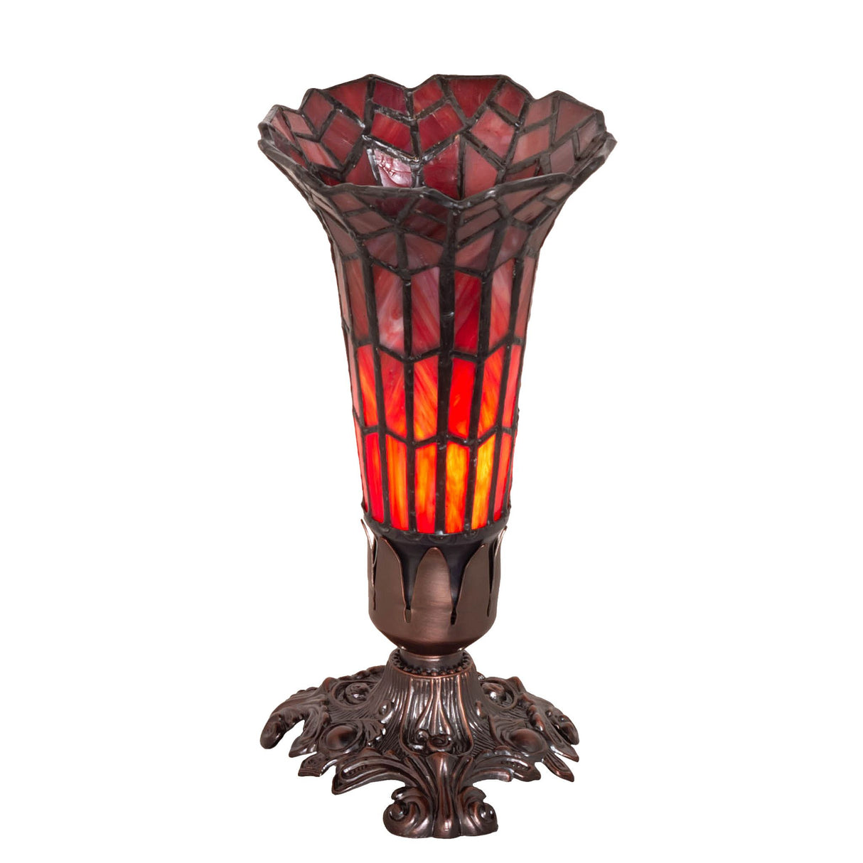 Red stained glass pond lily accent lamp with a bronze base.
