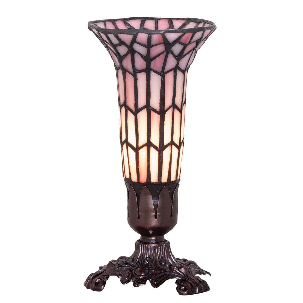 Angled view of glowing Pond Lily stained glass lamp.