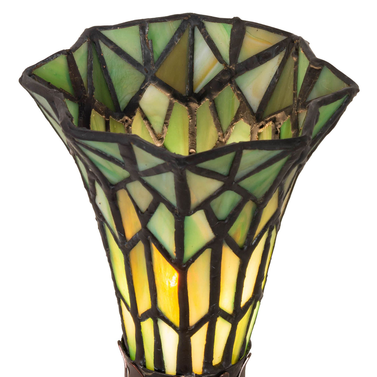 Detailed close-up of the stained glass shade on the pond lily accent lamp.