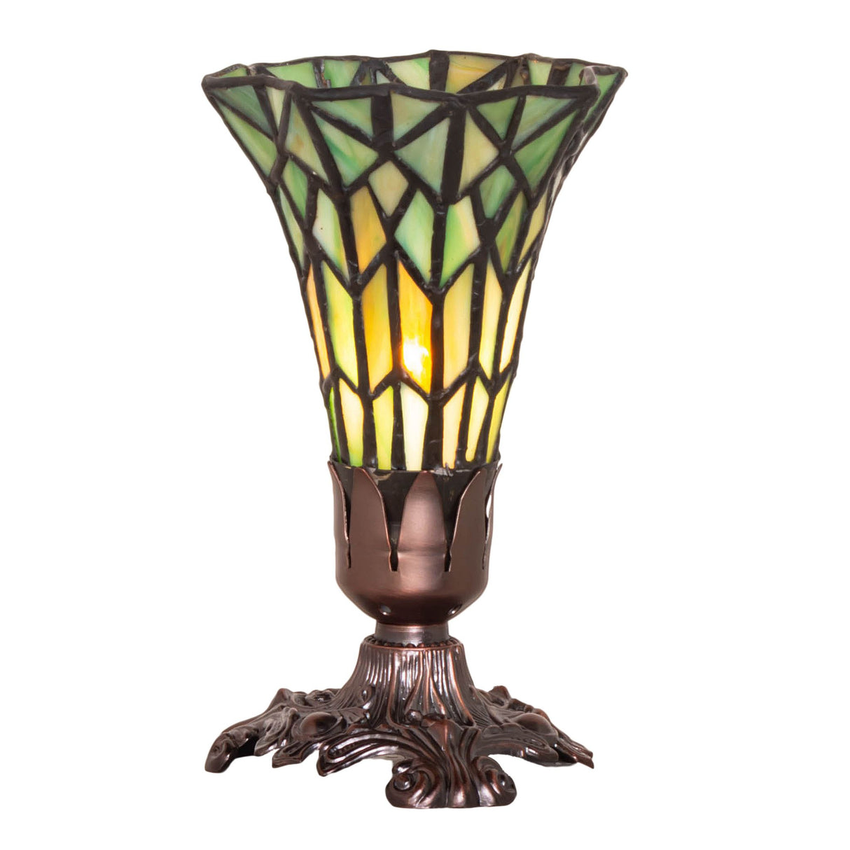 Side view of the pond lily accent lamp highlighting its intricate stained glass shade.