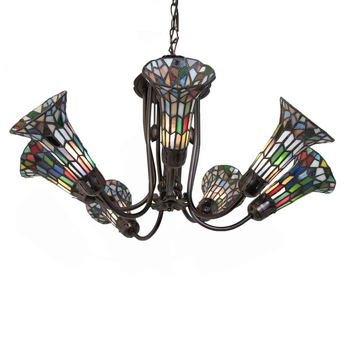 Bottom view emphasizing the artistic stained glass design.