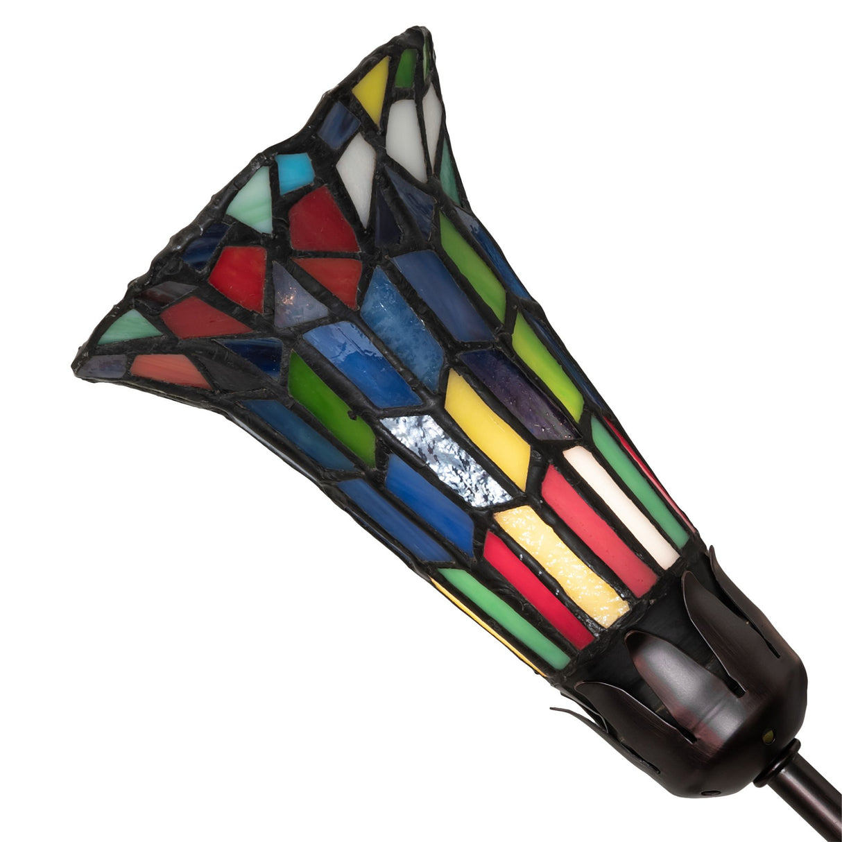 Close-up of a single stained glass lily shade with intricate patterns.