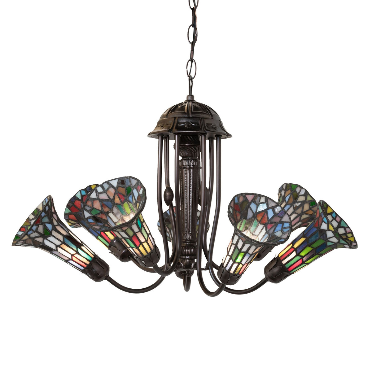 Close-up view of multicolored stained glass lily shades.