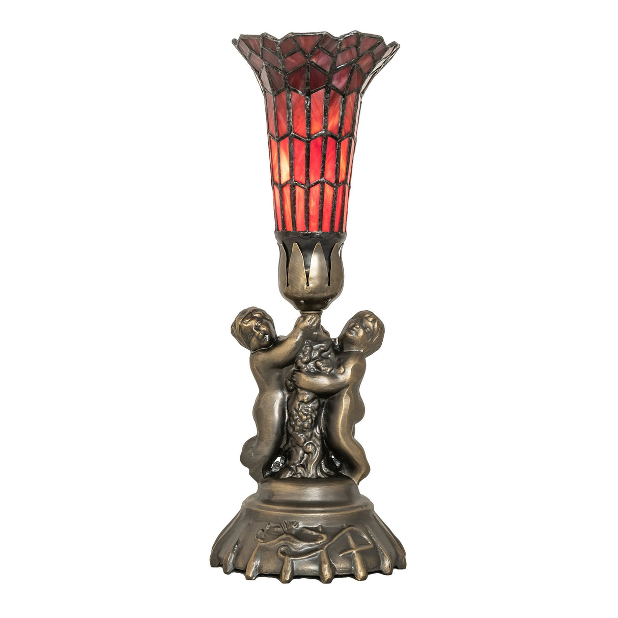 Stained glass pond lily lamp with twin cherub base and red glass shade, illuminated.