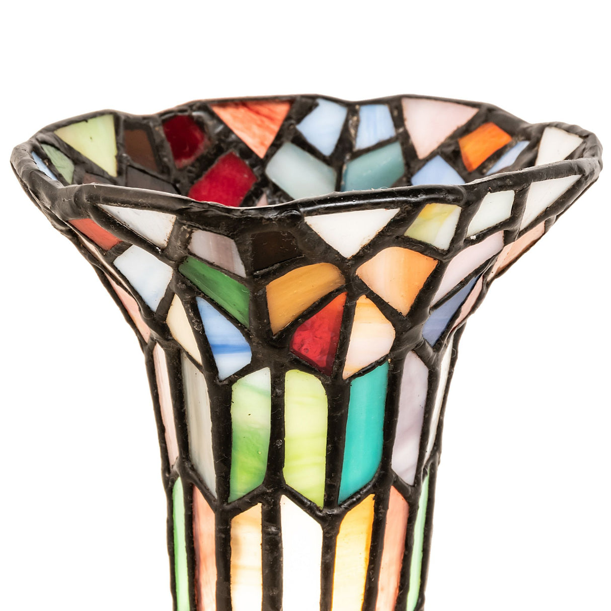 Closeup of stained glass lily shade showing detailed glass pattern.