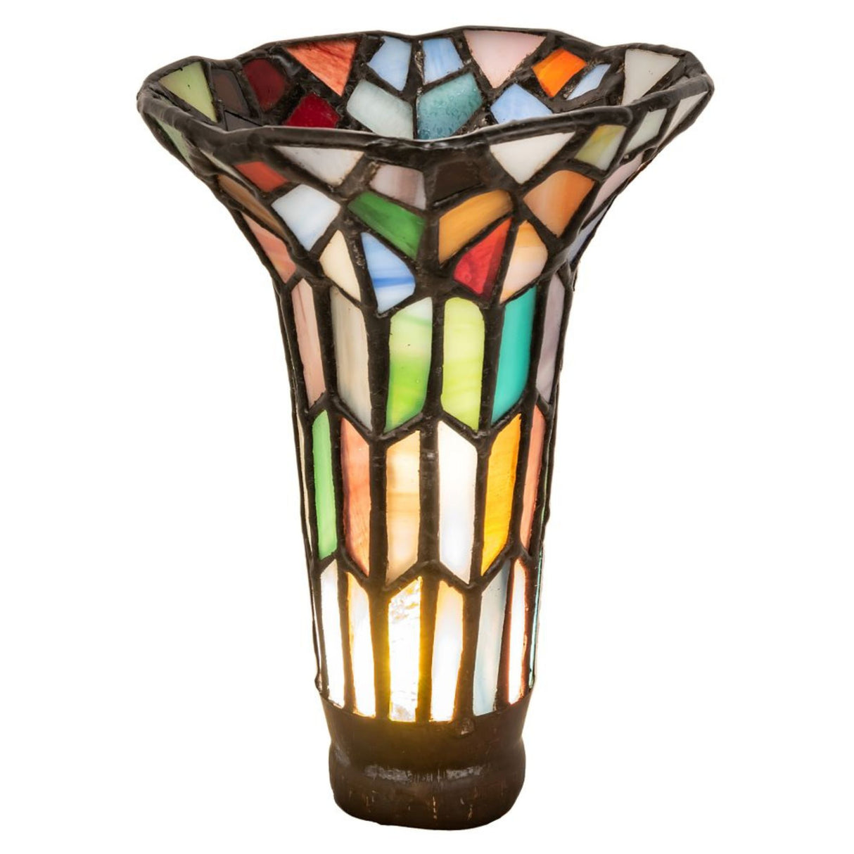 Multicolored stained glass pond lily shade illuminated.