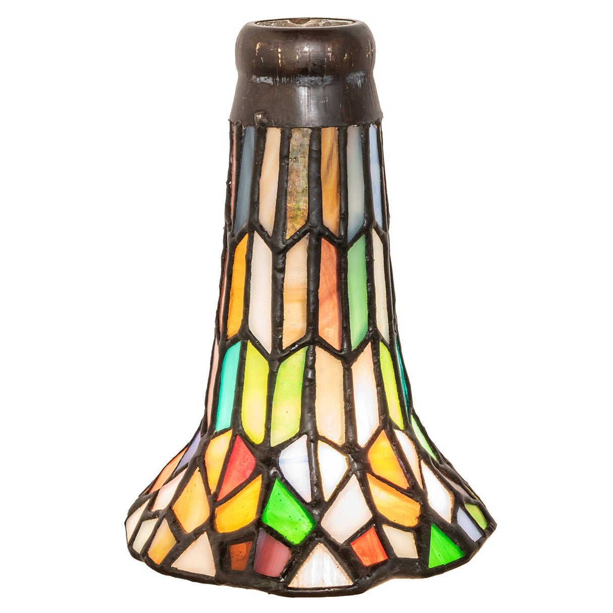 Side view of stained glass pond lily shade showing glass colorwork.